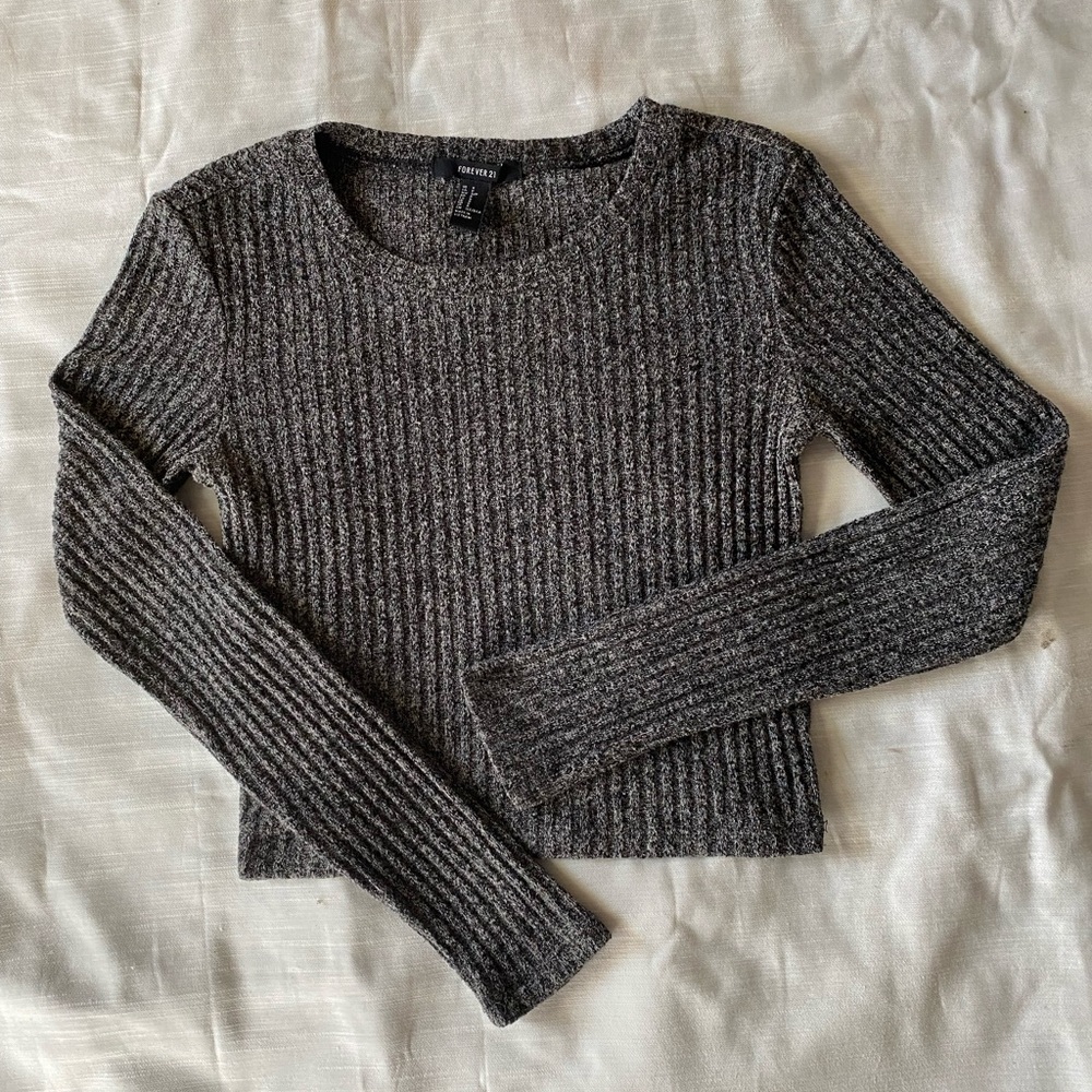 Black Heather Long Sleeve Fitted Crop Top